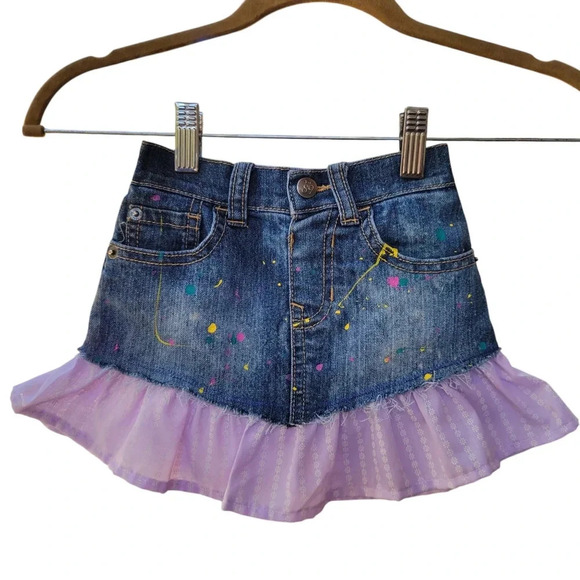 Upcycled Distressed Denim Skirt Baby Girl 18-24 months, Paint Splatter Purple - Picture 1 of 7